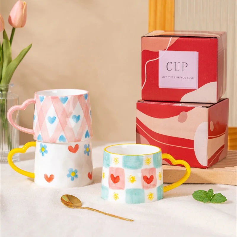 DecorBites™ Love Heart Ceramic Mug: Hand-Painted Coffee Cup for Valentine's Day Gift